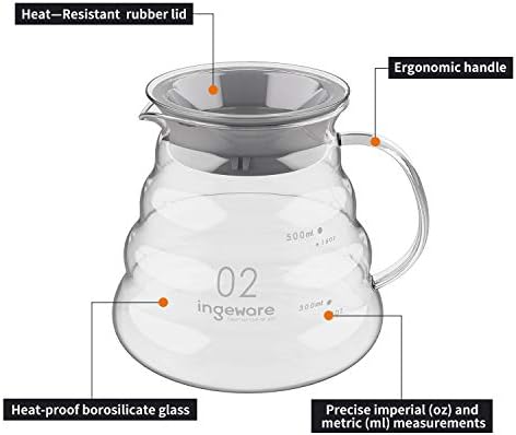 Ingeware стакло кафе карафе, 600 мл истурете над стакло кафе -сервер за кафе, јасно истурете го капацитетот за карафе 20oz