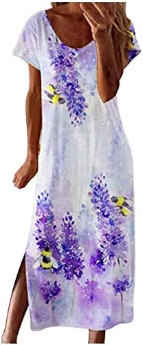 Летните фустани на Зефотим за жени 2023 Краток ракав против вратот Гроздобер печатење Обичен цветен плажа сонце фустан