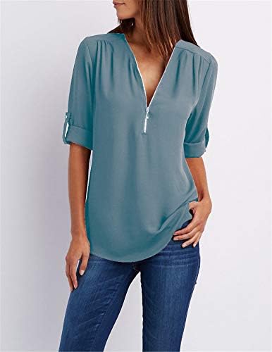 Andongnywell zeенски патент на тунична лежерна кошула за блузи врвови за влечење на ракав лабава шифонска кошула