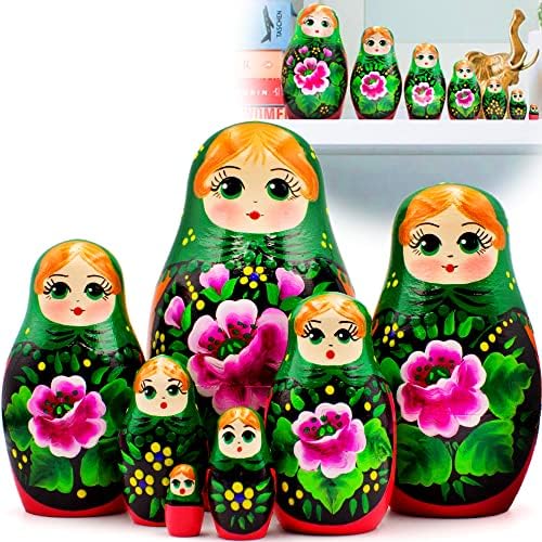Комплетни кукли за гнездење на Matvvv Matryoshka од 7 парчиња - руска кукла во зелена шамија на главата и Сарафан со украси од