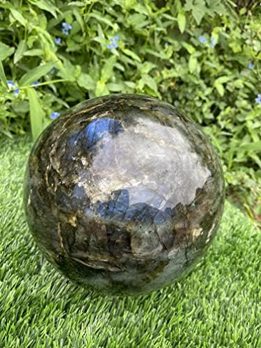 Голема природна лабрадоритска сфера рок кварц кристална топка супер светкав иридесен сино и злато голем убав дисплеј олтар Реики огромен лабрадорит