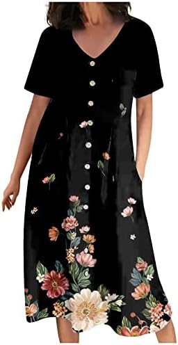 Qfvzhy женски пролетни фустани 2023 година случајно цветно копче за цвеќиња V вратот со краток ракав памучен постелнина фустани