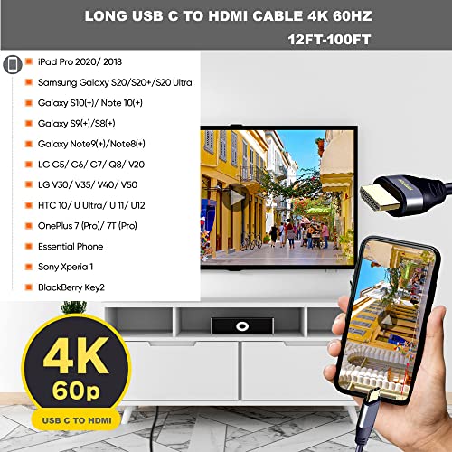 USB C to HDMI Cable 25FT with IC, 4K@60HZ Type-C to HDMI for MacBook Pro/Air, iMac, Galaxy S20 S10 S9 S8, Surface, Dell, HP, MacBook Pro,
