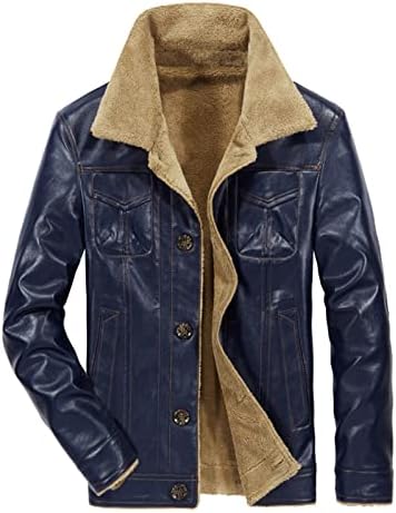 Машка гроздобер кожена јакна Faux Reece Sherpa наредена бомбаш јакна Зимски пун моторцикл јакна копче надолу топли палта