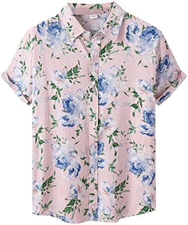 Машки обични модни кошули врвни цвеќиња Хаваи печатени лабави врвни кошула со кратки ракави за вртење на јака кошула воздушно воздушно