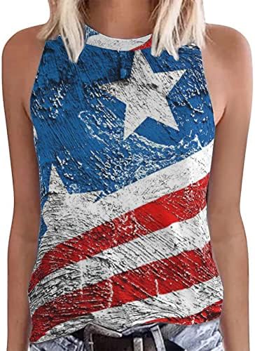 Денот на независноста на врвот на жените 2023 лето резервоарот Топ Американско знаме за печатење графичка маица, случајна без ракави без ракави