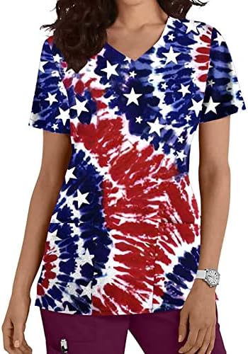 Ден на независност врвови за жени со кратки ракави со кратки ракави со маичка со џебови со џебови лабава обична патриотска кошула на 4-ти