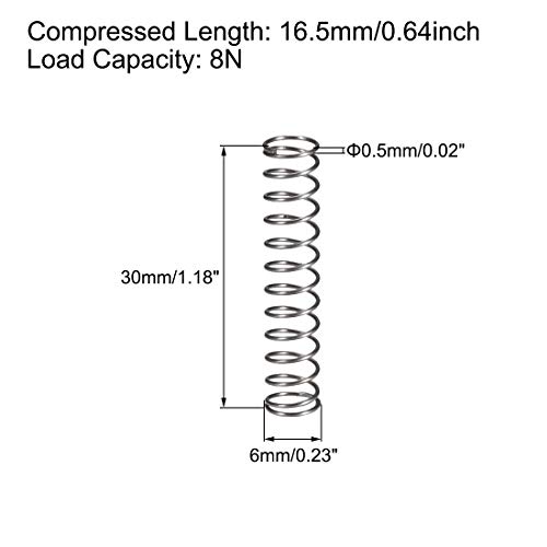 Uxcell Compression Spring, 6mm OD, големина на жица од 0,5 mm, компресирана должина од 16,5 mm, должина од 30мм, капацитет на оптоварување