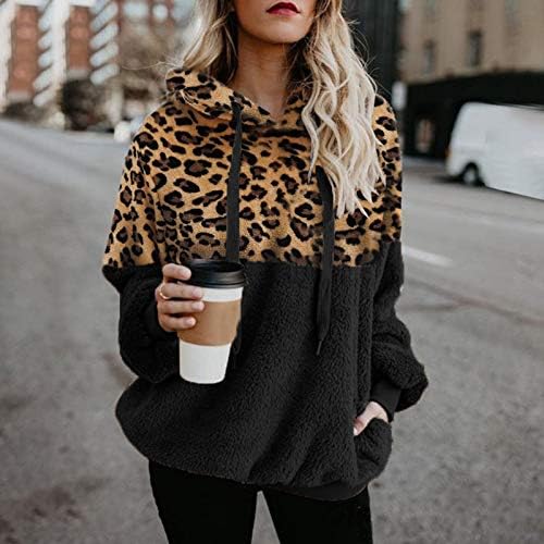 Леопард качулка палто за жени блокирана во боја на долги ракави, топла зимска надворешна облека