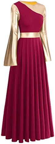 Womenените металик битурни литургиски пофалби, танцувачки фустан bellвонче, долги ракави, лирски танцувачка облека, богослужба