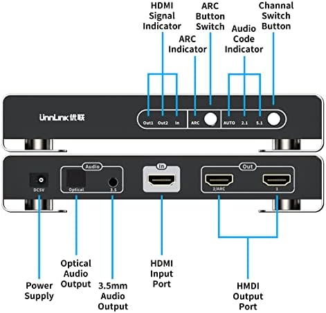 4K 60Hz ARC HDMI Сплитер 1x2 Со Аудио Екстрактор, 1 во 2 Надвор HDMI 2.0 Сплитер Со Оптички + 3.5 mm Аудио Надвор, Поддршка HDR10, HDCP