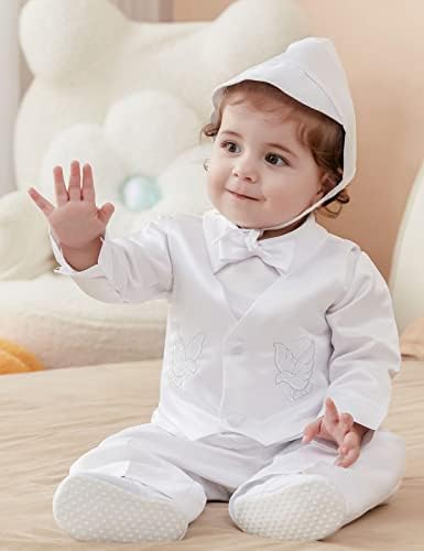 А & Ј Дизајн Бело бебе момче крштевање облека 3-18 месеци долг ракав со везен крст