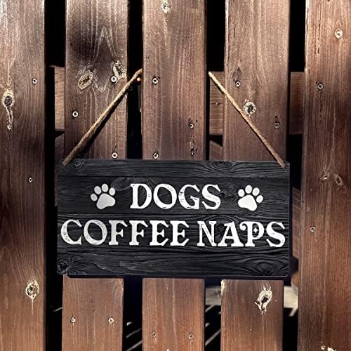 Смешни кујнски знаци подароци кучиња кучиња кафе дремки дрвени виси знак рустикална wallидна уметност дома декорација 12 x 6 инчи