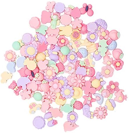 Uuyyeo 100 парчиња повеќебојни смола рамни копчиња со цвеќиња со цветните лакови за овошни копчиња за клип за клип за коса за DIY
