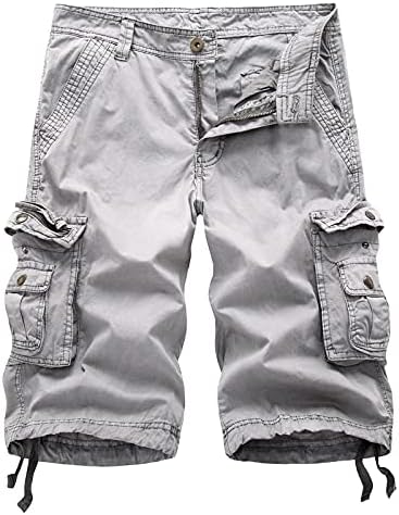 Менс шорцеви модни модни цврсти бои со повеќе џебни панталони памучни карго-комбинезони шорцеви