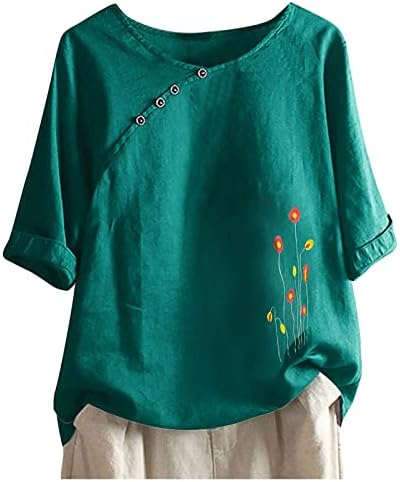 Преголеми врвови од памук, женски цветни графички копчиња декор модна маица плус големина кратка ракав екипаж обична блуза