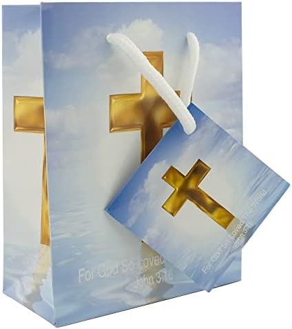 Христијанска торба за подароци | Прекрасно небо, море и вкрстен дизајн | „За Бога толку го сакаше светот Јован 3:16“ | Вклучува