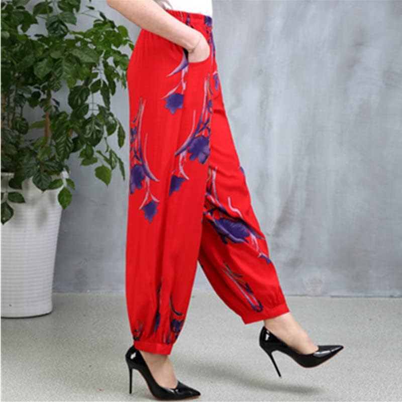Uktzfbctw Елегантна мајка пролетно лето печатење памук свила обични женски панталони етнички стил панталони со голема големина боја 8 л