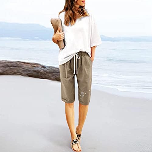 Бермуда шорцеви за жени летни обични колена должина на коленото со висока половината со џерси со џебови со џебови со удобни салони за плажа