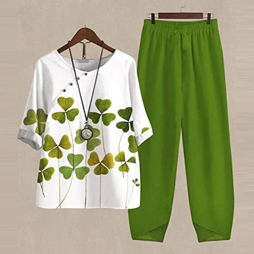 Womenените 2 парчиња облека памук пет ракави печатени панталони за блузи со две парчиња летни кратки ракави за џогер