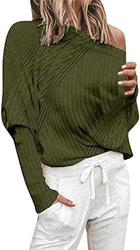 Џемпер за жени секси ладно рамо плетен пуловер џемпер случајниот кабел за пресврт плетен долман, скокач на ракав за ракав, врвови