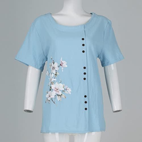 Nokmopo фустани кошули за жени мода лабава памук и постелнина кратки ракави печатени темперамент екипаж на врвот на врвот