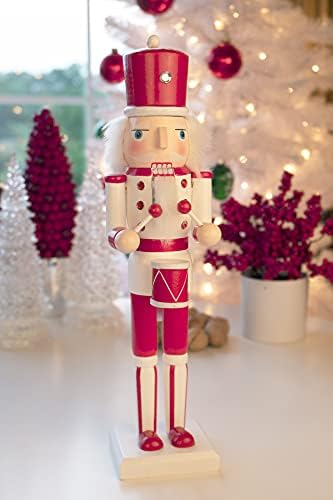 Умен креации Црвен и бел тапанар 15 инчи Традиционален дрвен оревчер, празничен Божиќен декор за полици и табели