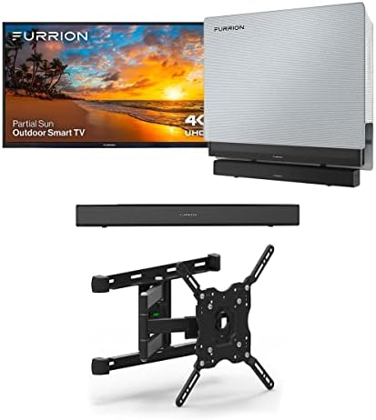 Furrion FDUP43CSA 43 Aurora Partial Sun Outdoor TV пакет со 2,1-канална звучна лента, ТВ-монтажа и водоотпорен ТВ-корица