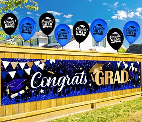 2023 Дипломирање Банер Декорација Постави Големи Честитки Град Банер со 8 Парчиња Балони Сина И Златна Класа Од 2023 Двор Знак За Матура На