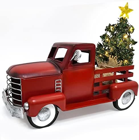 Екомер гроздобер црвен камион Божиќно декор, LED светла жица и starвезда завиткани околу отстранливата елка, Божиќна декорација на фармата куќа