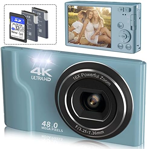 Digital камера Saneen, 4K детска камера со 32 GB SD картичка и 2 батерии за полнење, 48MP & 16x дигитален зум Компактен момент