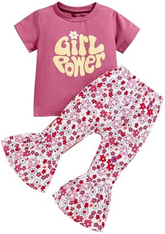 Хинзонек дете бебе девојче bellвонче, дното на летните облеки, писмо со кратки ракави Т-кошула Топ цветни пантолони од пламен