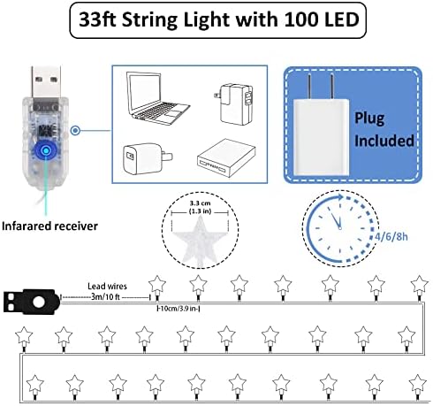 Starвездени светла светла Промена на бојата, 100 LED светла за трепкање водоотпорни, 33 -ти USB напојувани самовили со далечински тајмер