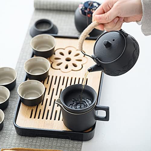 Сет на азиски чај ICHAG | комплети за чај од кунгфу | керамички преносен чај сет | чај сет за возрасни | 13-парчиња со сива кожа кутија |