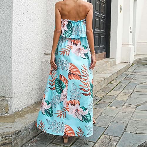 Бохо цветни фустани за жени, женски надвор од рамото случајна страна Сплит плажа макси фустан фустан од руфла цевка фустан