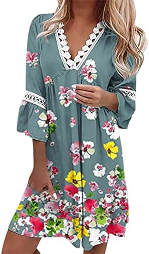 Icodod фустан женски 2023 летен етнички стил чипка трим против вратот три четвртина ракави занишани фустан боемски мини