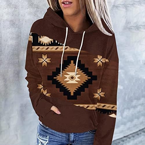 Модни кошули со качулка за жени, ацтеки западни етнички стил печати дуксери за прицврстување на врвови за влечење