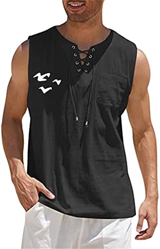 Zddo Mens Cotton Lenen резервоарот врвови на ракави кошули за ракави за влечење v вратот графички принт лежерно опуштено вклопување