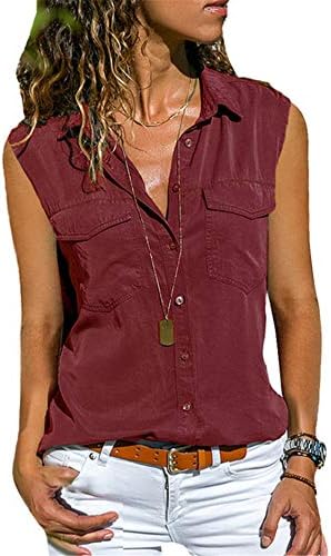 Andongnywell Цврста боја на обична лаплива кошула без ракави џебна кошула женски носат летни копчиња Кардиган врвови