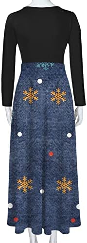 Women'sенски империја половината макси фустан Божиќно печатење крпеница удобна мека вклопена коктел замав фустан со долг ракав класични