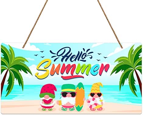Facraft Здраво знак на летна врата, 6 x12 Шарен гном плажа летен декор знак добредојде летен знак за закачалка за домашни wallидови пред