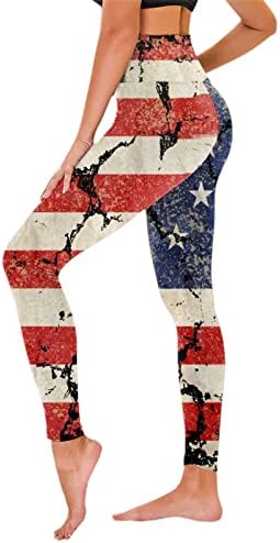 4 -ти јули високи хеланки за половини за жени со американско знаме, кои трчаат хеланки Ултра мека четкана еластична вежба за вежбање