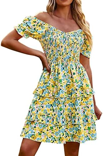 Женско пролетно летно цветно здолниште со кратки ракави руфли боемски француски романтичен торта фустан фустан фустан…