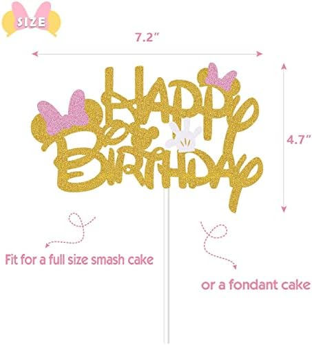 Пинк и златен сјај Мини инспирираше среќен роденден торта со розови лакови и бели ракавици девојки за украси за роденденска забава