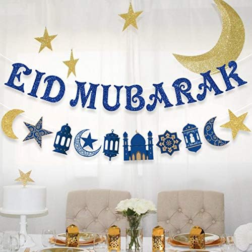 Декорација на банер на Еид Мубарак, сина сјајна starвезда и месечина гарланд Рамадан Хаџ Мубарак Декорации за домашна маса муслиманска исламска забава Декорација Ра