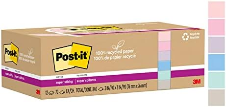 Пост-тоа рециклирана хартија Супер лепливи белешки, 2x моќност, 3x3 in, 12 влошки/пакет, 70 листови/подлога, колекција Wanderlust Pastels
