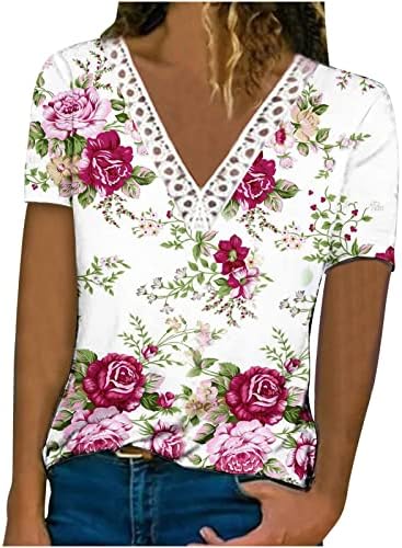 Капчиња чипка трим блуза за жени модна трендовски обичен v врат кратки ракави за печатење на врвот на врвот