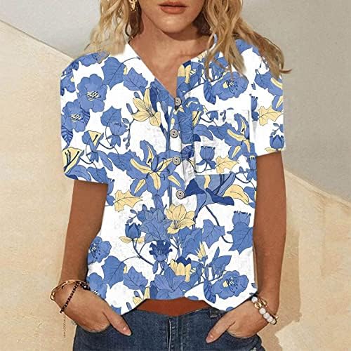 2023 женски цветни маици за печатење, случајно копче надолу по Хенли кошули лето кратки ракави V вратот блуза гроздобер бохо маици