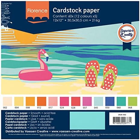 Vaessen Creative Florence Smooth Cardstock, Summer Colors Mix, 216 грама, 12x12 инчи, 60 листови, за сноп -книги, правење картички, сечење на умирање и други занаети со хартија, мулти, 30,5 x 30,5 см