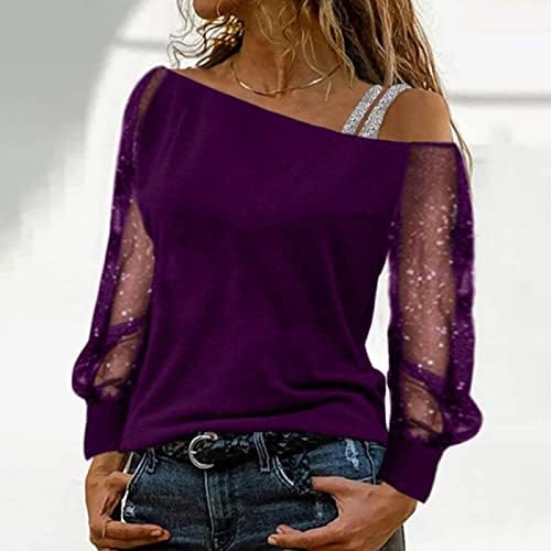 Секси надвор од рамо маица за жени чиста мрежа со долги ракави врвни маички лабава обична цврста блуза Елегантна работа канцеларија